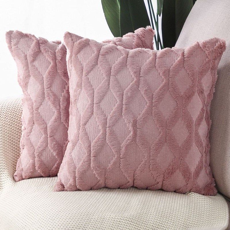MADIZZ Set of 2 Soft Polyester Short Wool Velvet Decorative Throw Pillow Covers 24x24 inch Pink Square Luxury Style Cushion Cases European Pillow Shell for Sofa Bedroom - Image 1